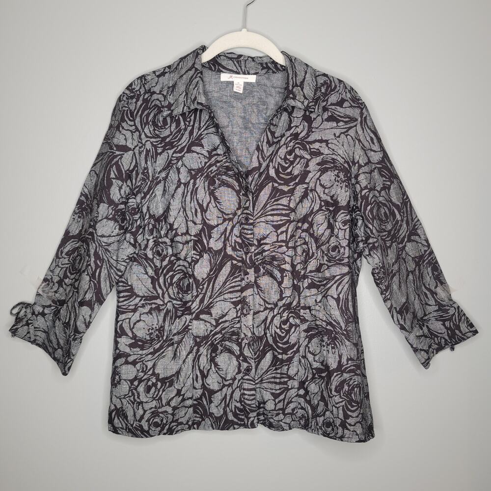 JM Collection Linen Jacket Women's Size 10 Black Gray Dark Floral Button Front - Picture 2 of 14